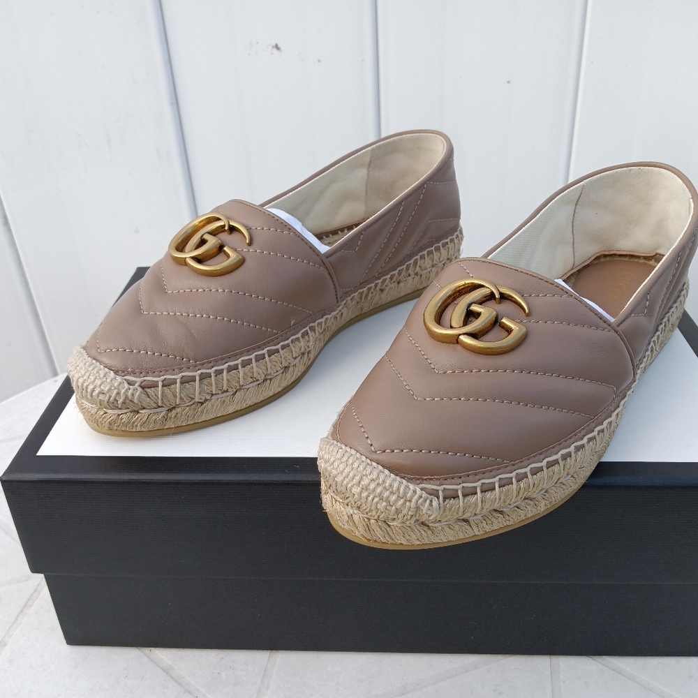 NEW GUCCI DOUBLE GG LOGO ESPADRILLES MARMONT MATELASSE LEATHER SZ 35 - Picture 10 of 14